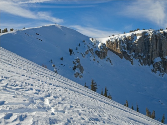 We'll ski down the half-lit chute, and maybe do some laps in the bowl red cone