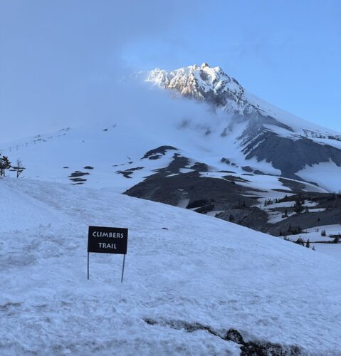 The climber's trail is a cat track leading up the side of the mountain, taken the night before our climb mount hood