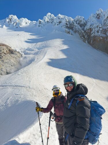 Jack and Josh on Hogsback Ridge - you can see climbers below Old Chute in the background mount hood