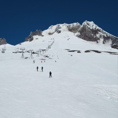 Josh and I ski down the easy groomer to get back to the car mount hood