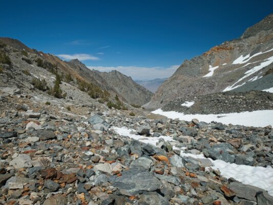 The snow thins out as I descend back to my campsite black diamond traverse