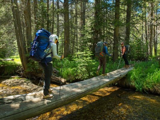 Kenza, CK, and Shannon cross Walker Creek bloody canyon trail