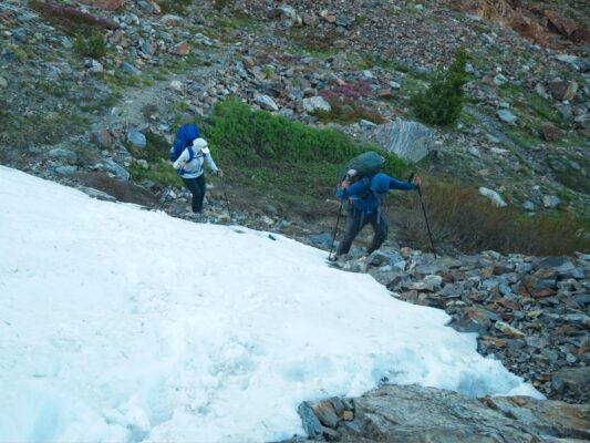 Luckily there's not much snow on the trail and we're able to quickly walk around it bloody canyon trail