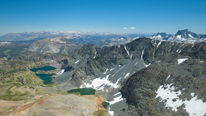 Looking down on Alger Lakes, Blacktop Peak, and the Ritter Range from Koip Peak alger lakes