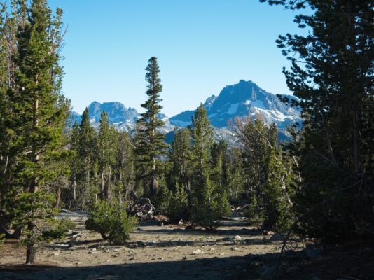 The Minarets and Banner Peak tower in the distance, seen from Gem Pass ritter range
