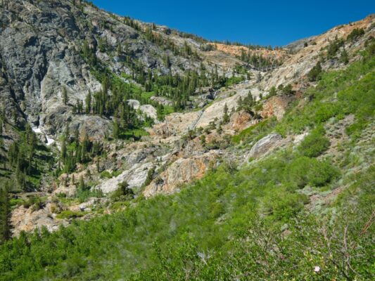 The Gem Lake dam, an old rail system, and Rush Creek rush creek