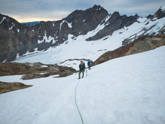 The sky remains overcast as we hike up the snow mountaineering