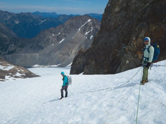 Craig and Cody posing for a photo on the Blue Glacier mountaineering