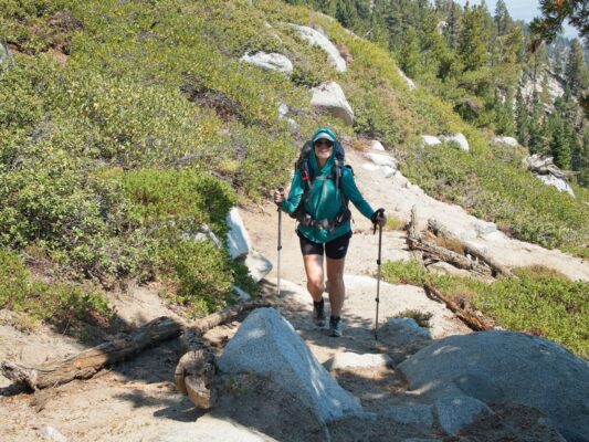 Shannon hikes up the trail into California tahoe rim trail
