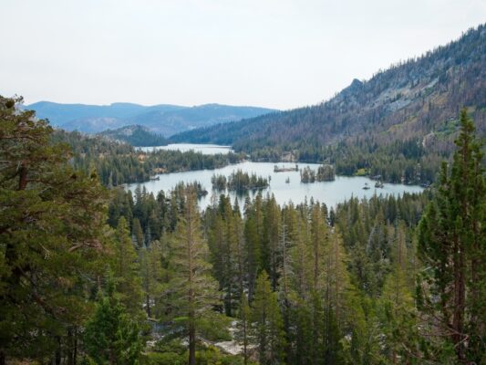 Looking down on Upper and Lower Echo Lakes tahoe rim trail