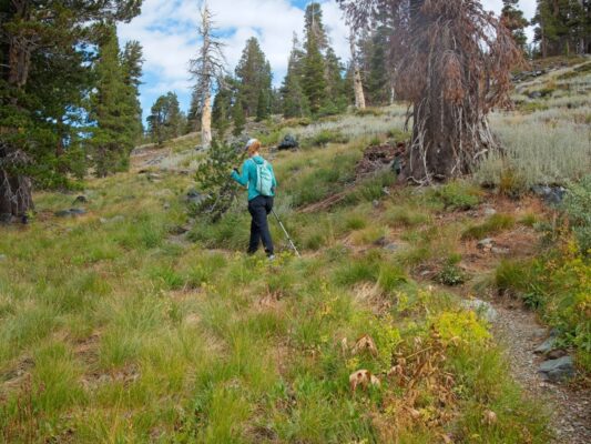 Shannon strolls up the trail from Gilmore Lake to Mount Tallac mount tallac