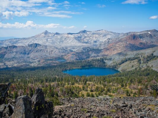 A great view of Gilmore Lake and a sliver of Lake Aloha from the slopes of Mount Tallac tahoe rim trail