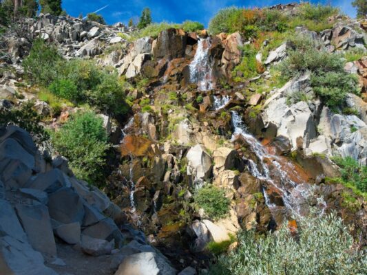A pretty little waterfall beside the trail tahoe rim trail
