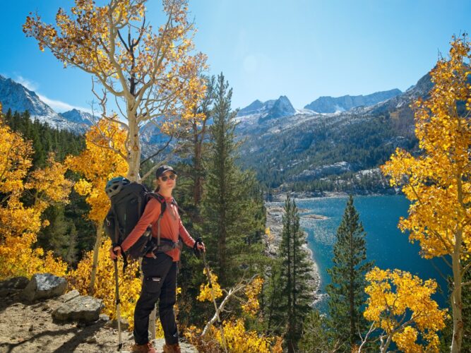 Shannon poses with the aspens and South Lake south lake autumn