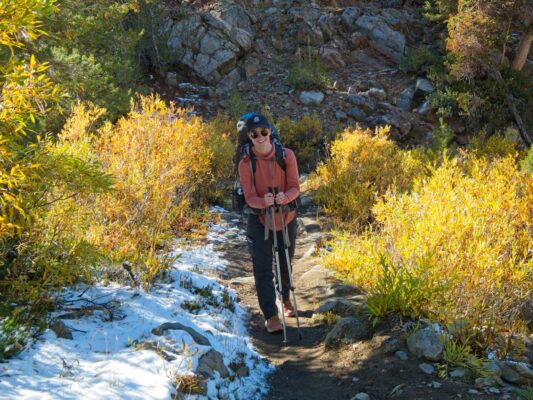 Shannon, fall colors, and snow bishop pass trail