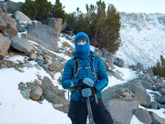 We're bundled up to hike through the morning cold bishop pass trail