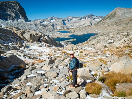 Shannon on the talus leading up to Thunderbolt Col dusy basin