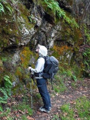 Shannon inspects the colorful lichen gabrielino trail