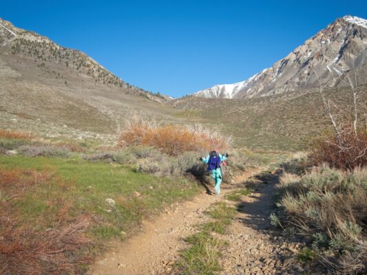Maddie hikes along the road with Mount Tom towering above basin mountain