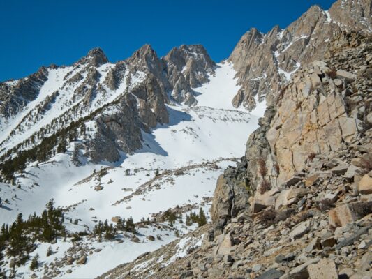 From the ridge, we get our first real view of Basin Couloir basin mountain