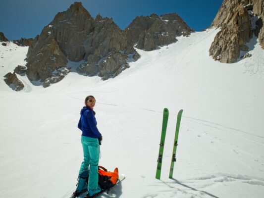 By the time we reach the top of the first rise, about halfway up, the snow has grown incredibly soft and we transition to skiing basin mountain