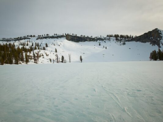 A look across Ostrander Lake at Horse Ridge from the ski hut ostrander ski hut